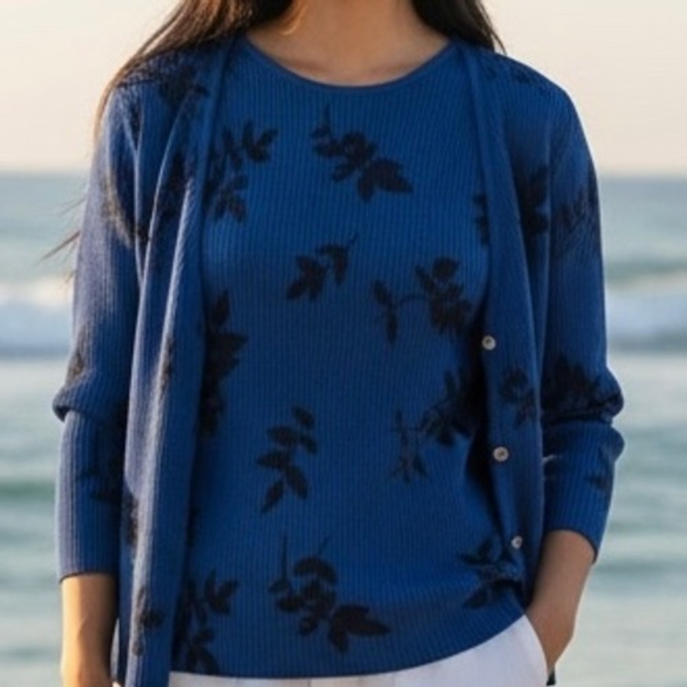 2 Pc Merino Wool Ribbed Botanical Cardigan Sweater Set‎ Sz S Office Work Preppy